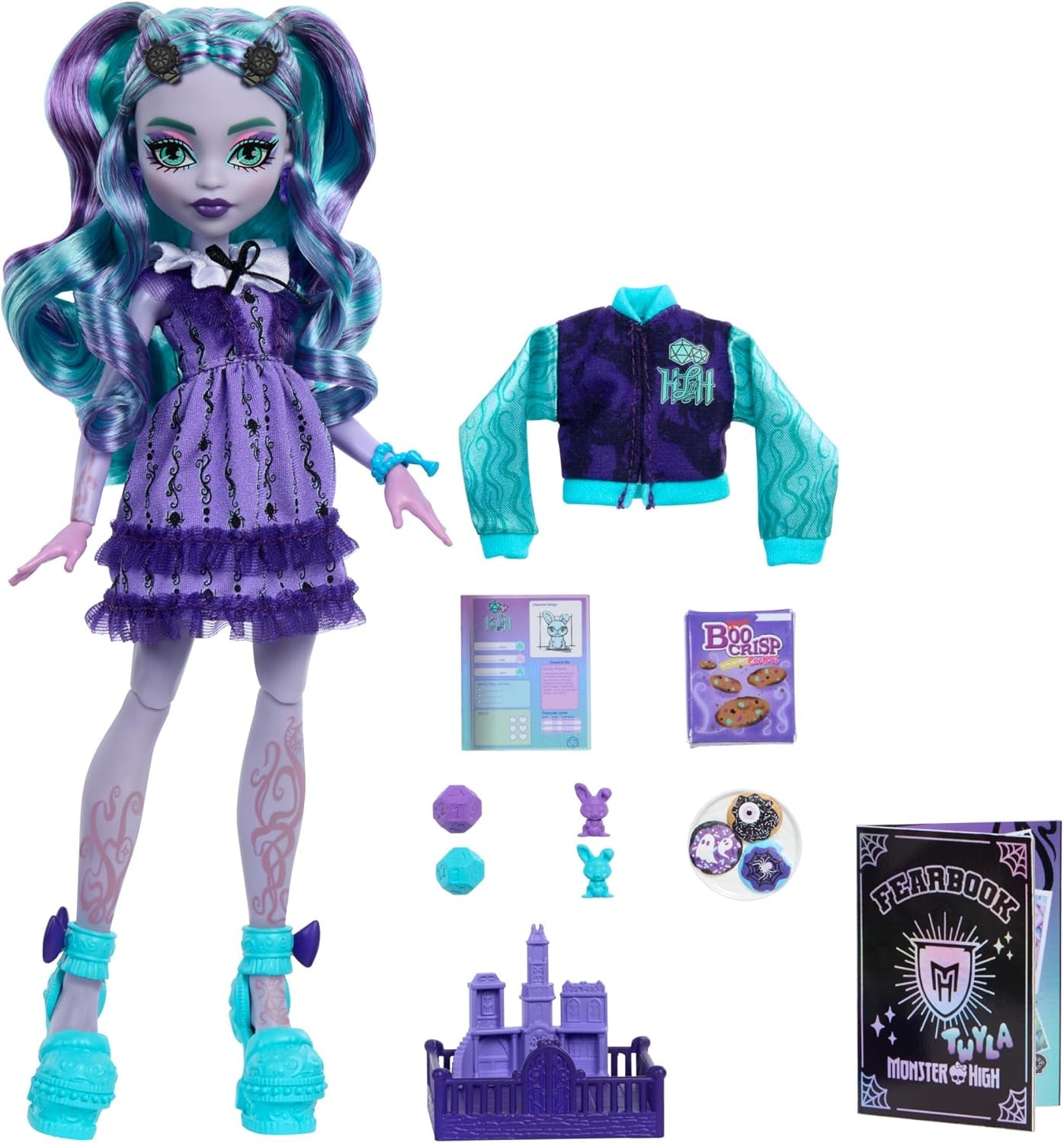 Monster High Fearbook Twyla Puppen- und Filmclub-Zubehörset, College-Jacke, Abschlussalbum, Brettspiel und Kekse, HXW31