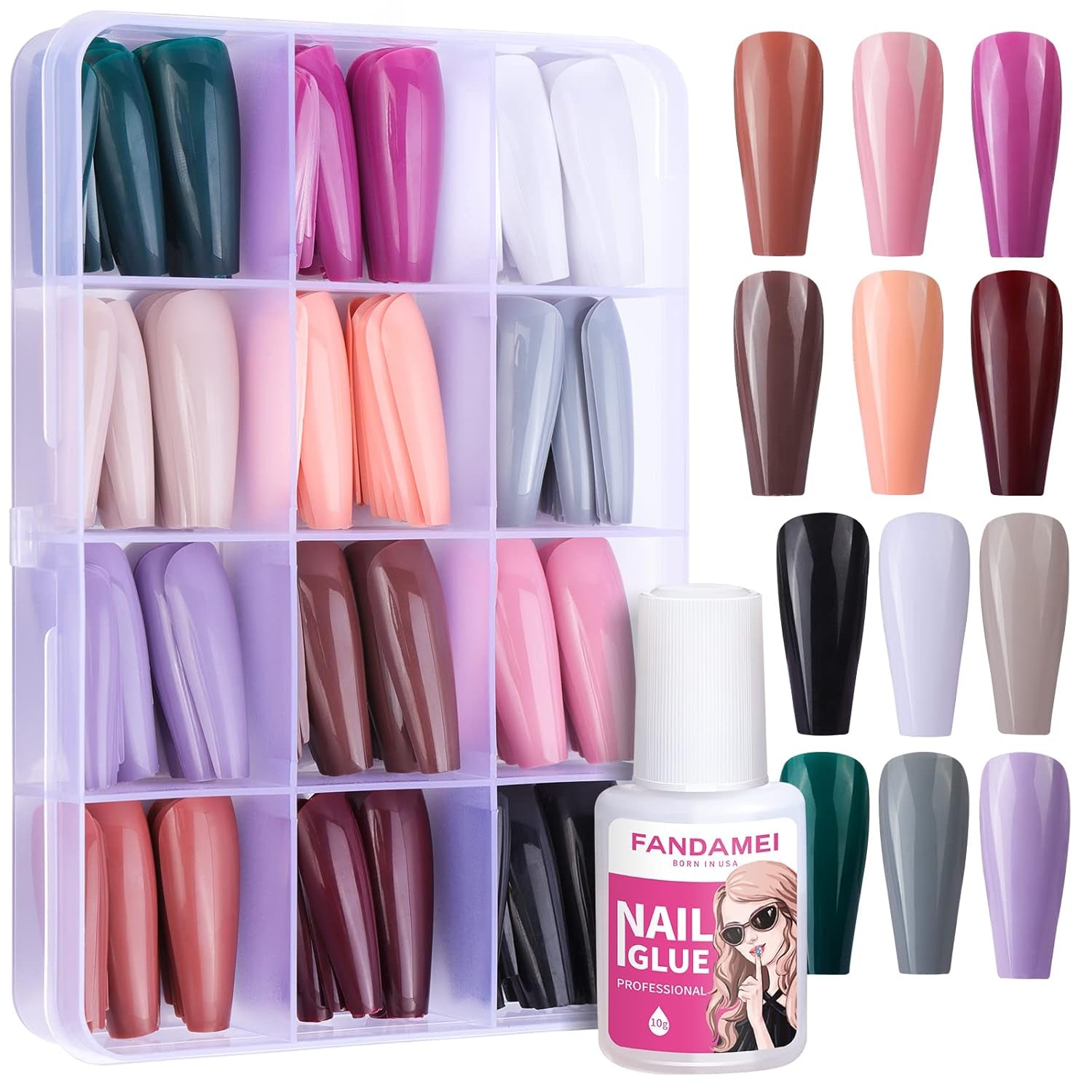 FANDAMEI 12 Farben 288 Stück glatte Kunstnägel, lange Ballerina-Sarg-Kunstnägel, Acryl-Nagelspitzen, lange Ballerina-Kunstnägel
