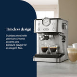 De'Longhi Classic EM450.M Siebträger-Espressomaschine mit professionellem Milchaufschäumer, Vollmetallgehäuse, 15 bar, 1,7 l Wassertank, Edelstahl/Metall