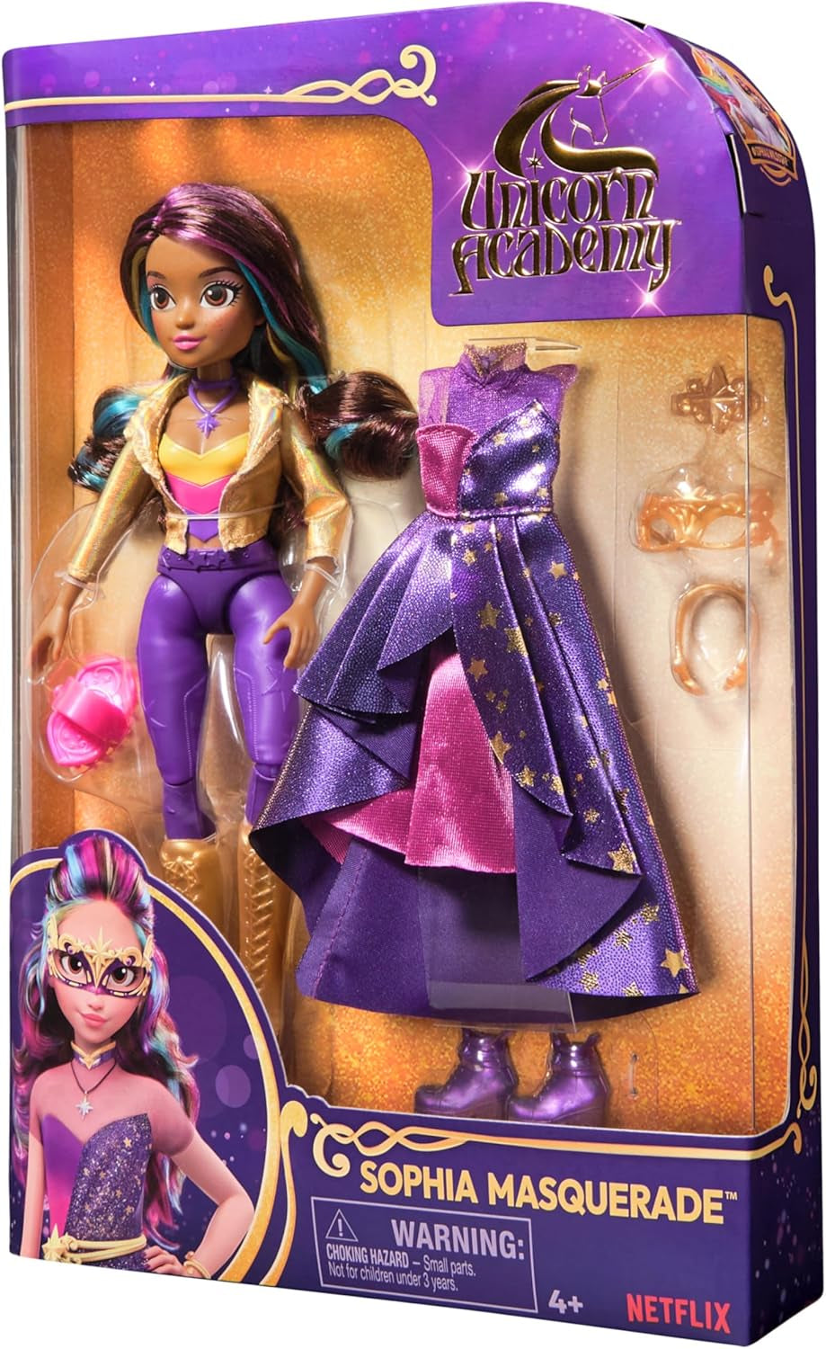 Unicorn Academy Deluxe Maskenball – Sophia Original-Puppe aus der beliebten Netflix-Serie, 24 cm groß, mit 2 Outfits und Accessoires, ab 4 Jahren
