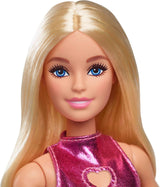 Barbie Fashionistas Puppe Nr. 230 mit blonden Haaren, rosa metallischem Minikleid mit Herzausschnitt, weißem Armband und High Heels, HYT88