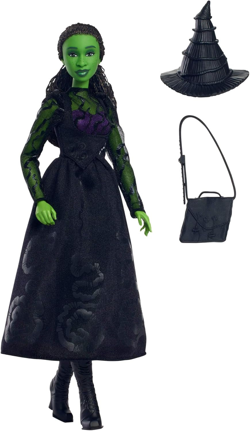 Mattel Wicked Elphaba Modepuppe und Zubehör mit grüner Haut, schwarzem geflochtenem Haar, verschiedenen möglichen Posen und erweiterbarem Ballkleid-Aussehen, HXT62, [Mehrfarbig] Naty Shop Dolls