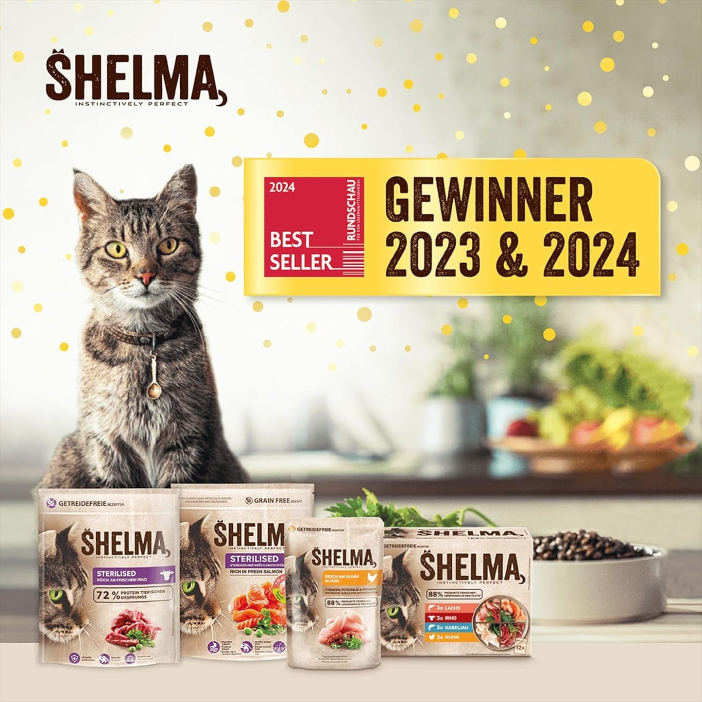 Shelma Nassfutter für Katzen mit Huhn in Tomaten-Kräuter-Sauce – getreidefreies Vollfutter mit hohem Fleischanteil – 28 x 85 g (2,38 kg)