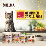 Shelma Nasses Katzenfutter Megapack mit Rind, Truthahn, Huhn und Ente – getreidefreies Vollfutter mit hohem Fleischanteil – 40 x 85 g (3,4 kg)