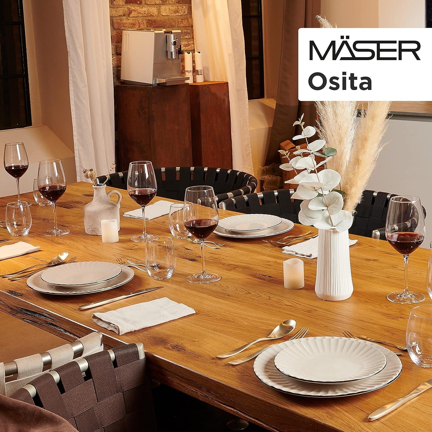 MÄSER 931967 Osita Retro Series 6-Personen-Geschirrset Wave, 18-teiliges rundes Geschirrset, Speiseteller, Dessertteller und Müslischalen, Keramik, Cremeweiß