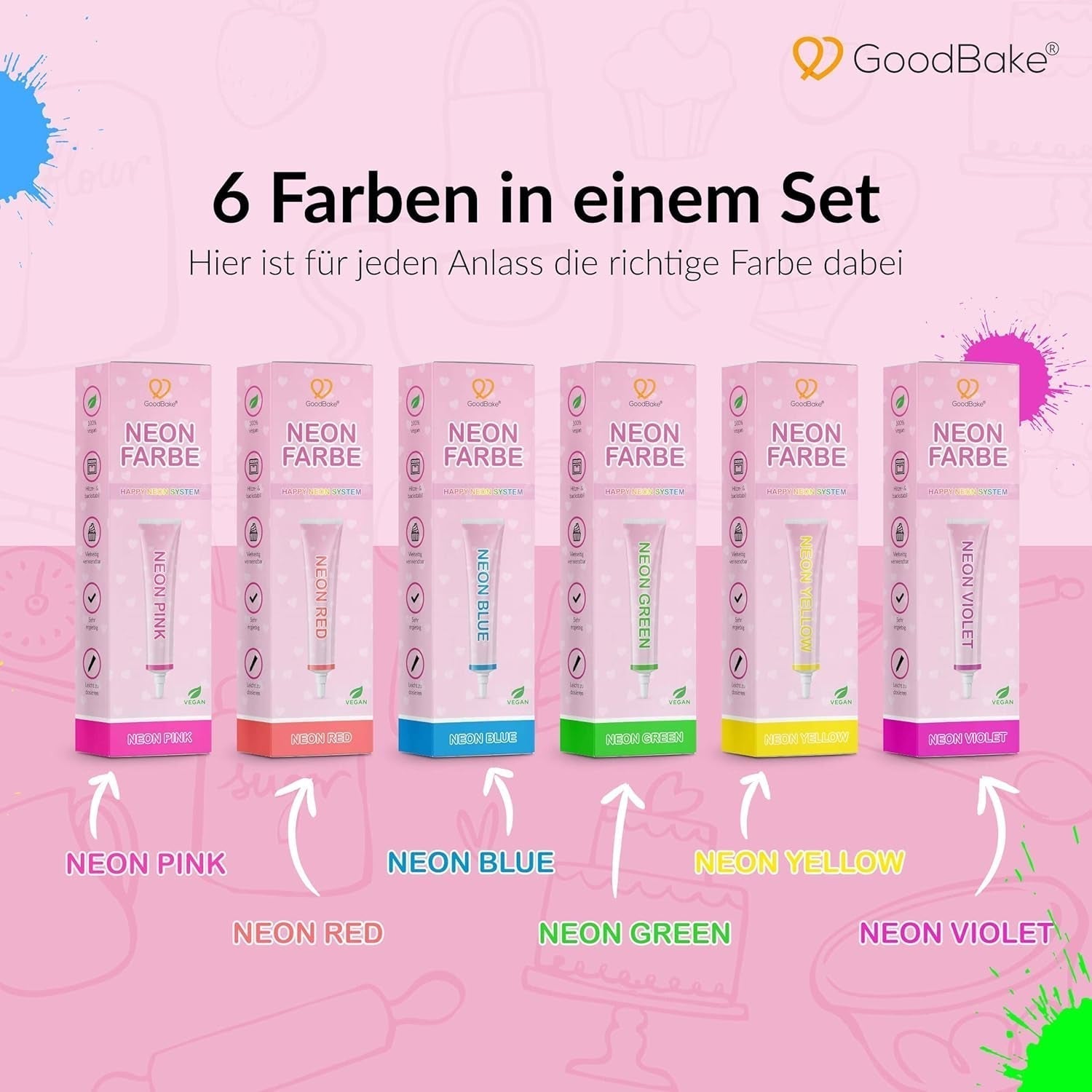 Goodbake Neonlebensmittelfarben 6 Farben Set – Intensive Lebensmittelfarbe – Lebensmittelfarbpaste – Zum Einfärben von Torten, Fondant, Buttercreme Uvm. – 100 % veganer Naty Shop
