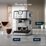 De'Longhi Classic EM450.M Siebträger-Espressomaschine mit professionellem Milchaufschäumer, Vollmetallgehäuse, 15 bar, 1,7 l Wassertank, Edelstahl/Metall