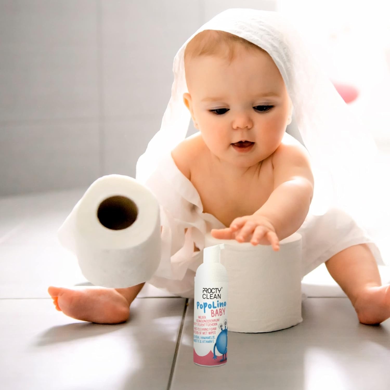PopoLino Baby-Schaumstoff mit weicher Unterseite anstelle nasser Babytücher. Veganer und natürlicher kosmetischer Reinigungsschaum! Poschaum mit Aloe Vera, Hamamelis, Bergamotte und Vitamin E. Macht Po und Umwelt glücklich.
