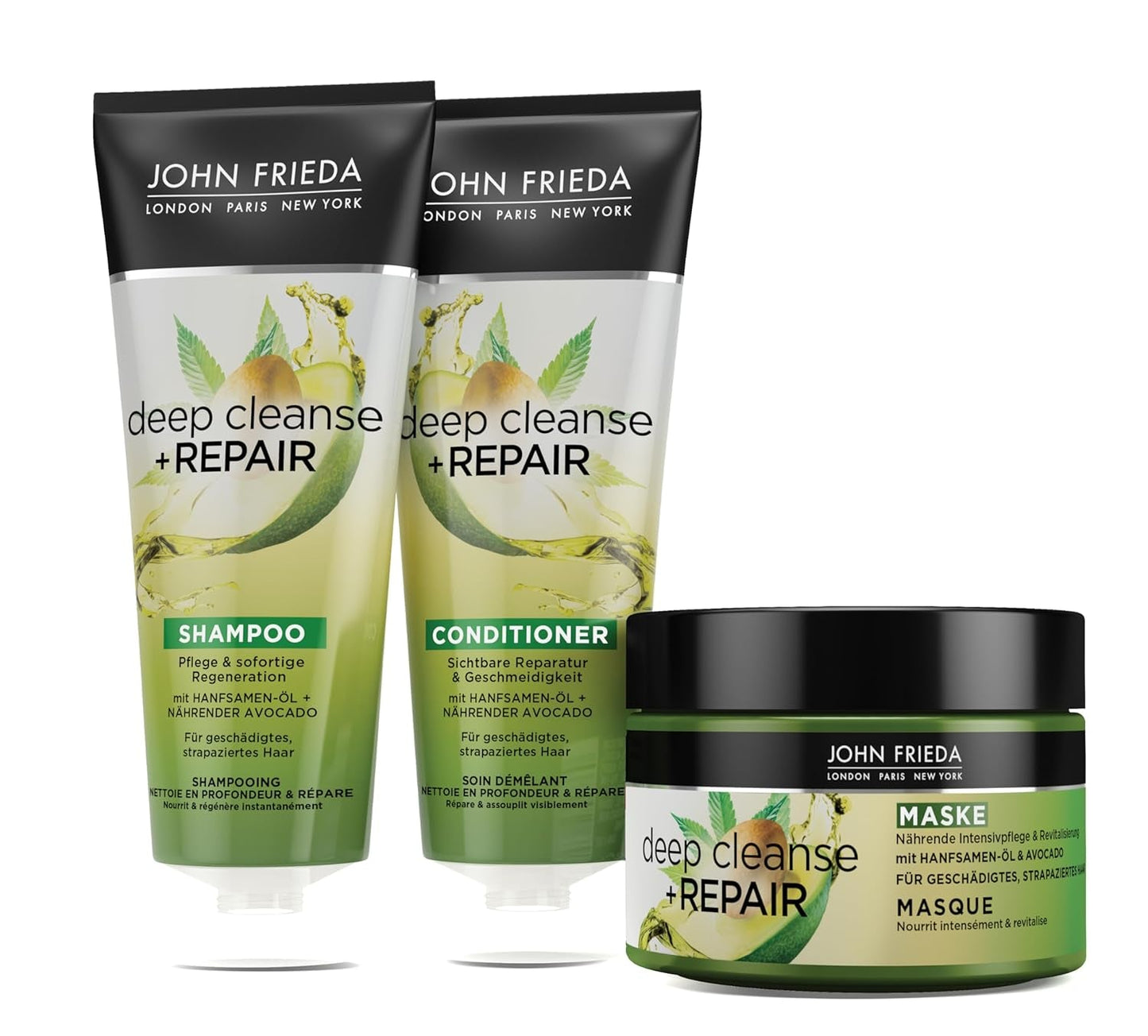 John Frieda - Deep Cleanse & Repair Mask / Treatment - Inhalt: 250 ml - Mit Hanfsamenöl + pflegender Avocado - Beruhigende Haarmaske für strapaziertes Haar Naty Shop Haarmaske