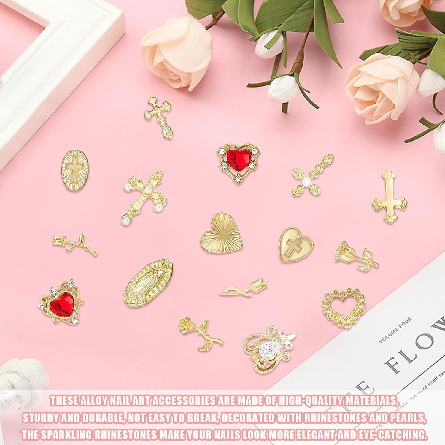 Gold Nagel Charms 80 Stück Kreuz Rose Herz Jungfrau Maria Nagel Edelsteine ​​Metalllegierung Nagelzubehör für Maniküre Design Dekorationen DIY Handwerk