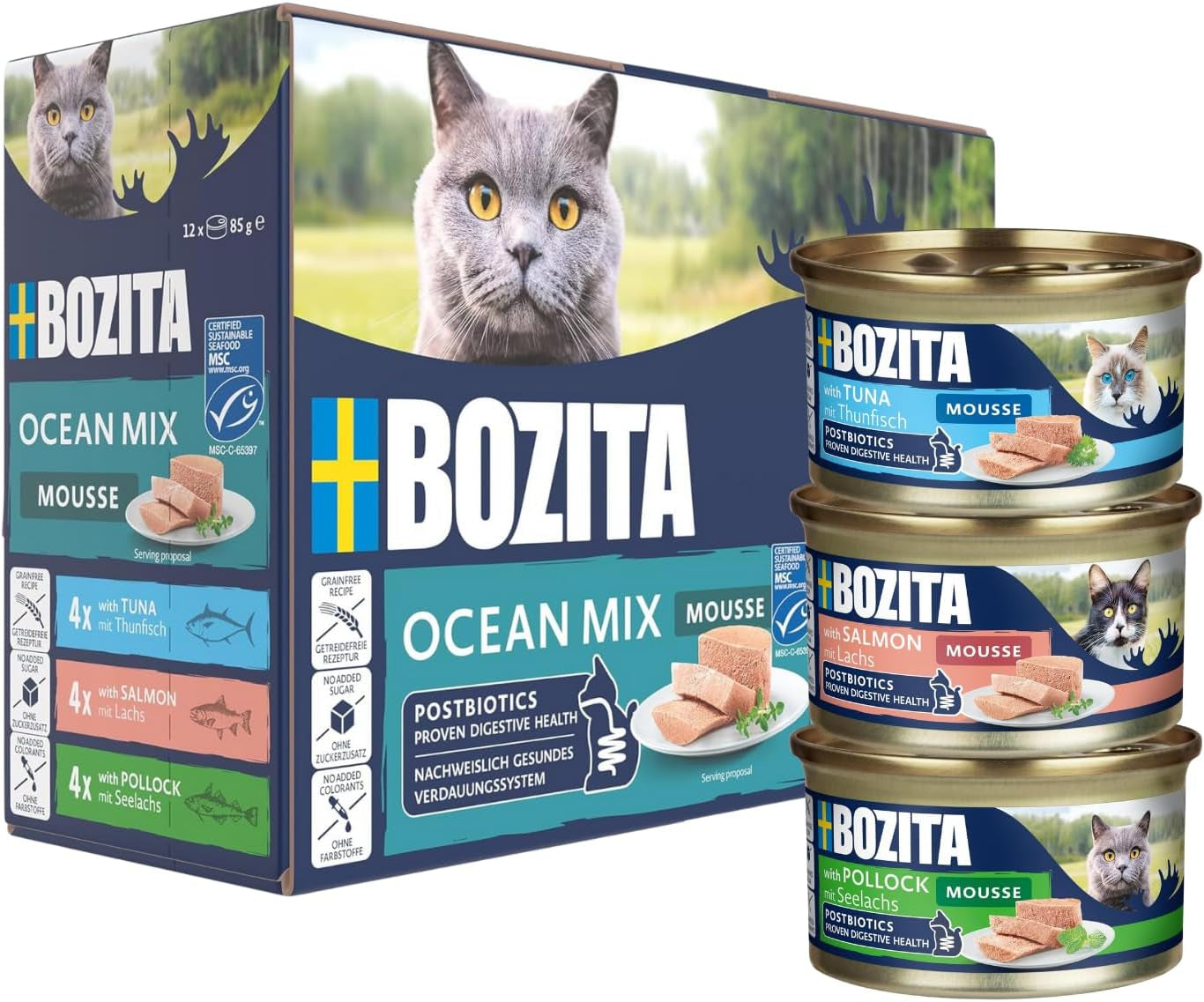 Bozita Mousse Ocean Mix – 12 x 85 g Nassfutter für Katzen mit Thunfisch, Lachs oder gelbem Kabeljau – getreidefrei, zuckerfrei und künstliche Farbstoffe – mit Postbiotika für eine gesunde Darmflora