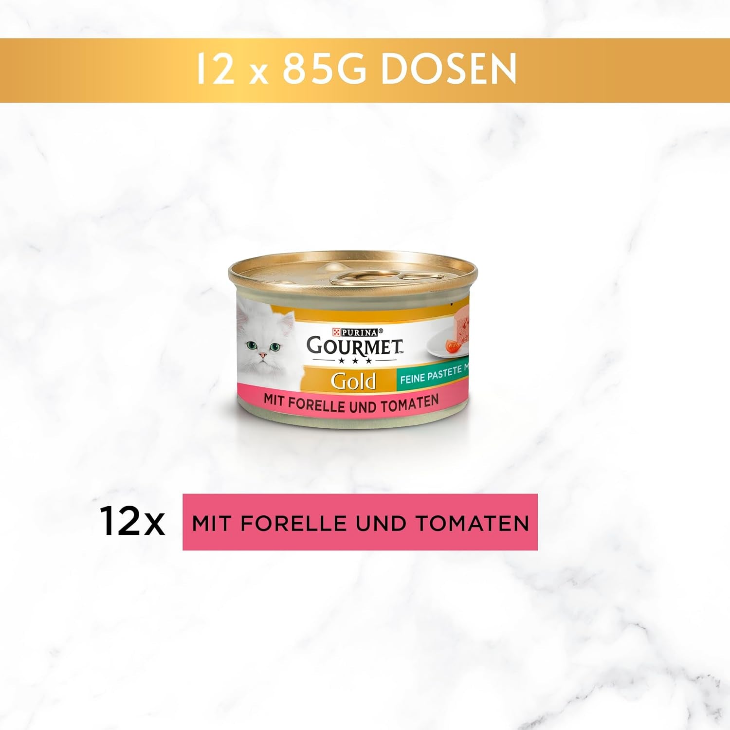 Fine Pate Gourmet Gold mit Gemüse, Nassfutter für Katzen mit Forelle und Tomate, 12er Pack (12 x 85g)
