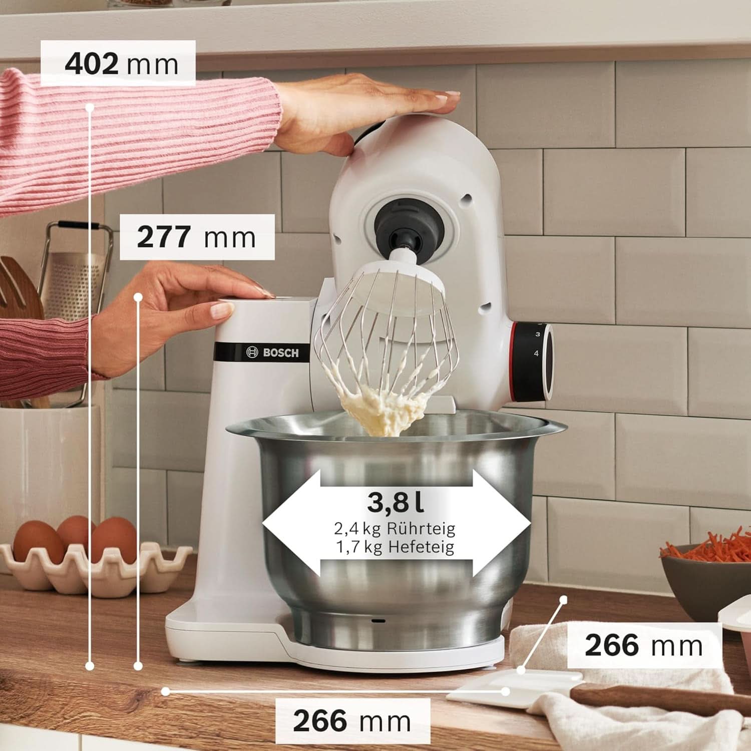 Bosch Küchenmaschine Serie 2 MUMS2EW00, Edelstahl-Schüssel 3,8 L, Planetenrührwerk, Knethaken, Schlag-, Rührbesen Edelstahl, 4 Arbeitsstufen, Durch Optionales Zubehör Erweiterbar, 700W, Weiß Kitchen Naty Shop
