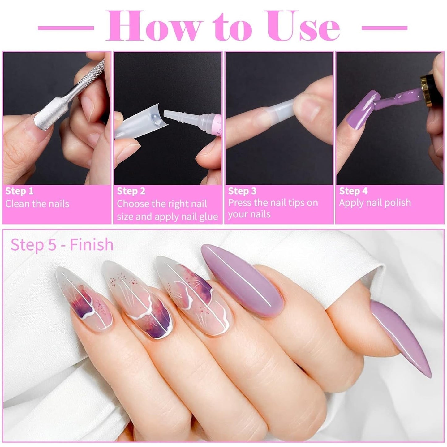 500 Stück französische künstliche Nagelspitzen, Acryl, künstliche Nagelspitzen, Set, Nagelverlängerungen, Nagelspitzen, künstliche Nägel, Zubehör mit 4 Stück Nageldesign-Kleber, Gel-Nägel, natürlich