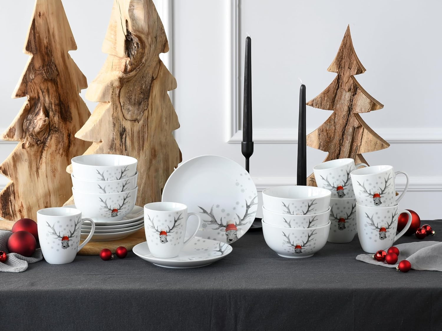 CreaTable, 21498, Serie Luna Hirsch, 18-teiliges Geschirrset für 6 Personen, Frühstücksset aus Porzellan, spülmaschinen- und mikrowellenfest, hochwertige Herstellung