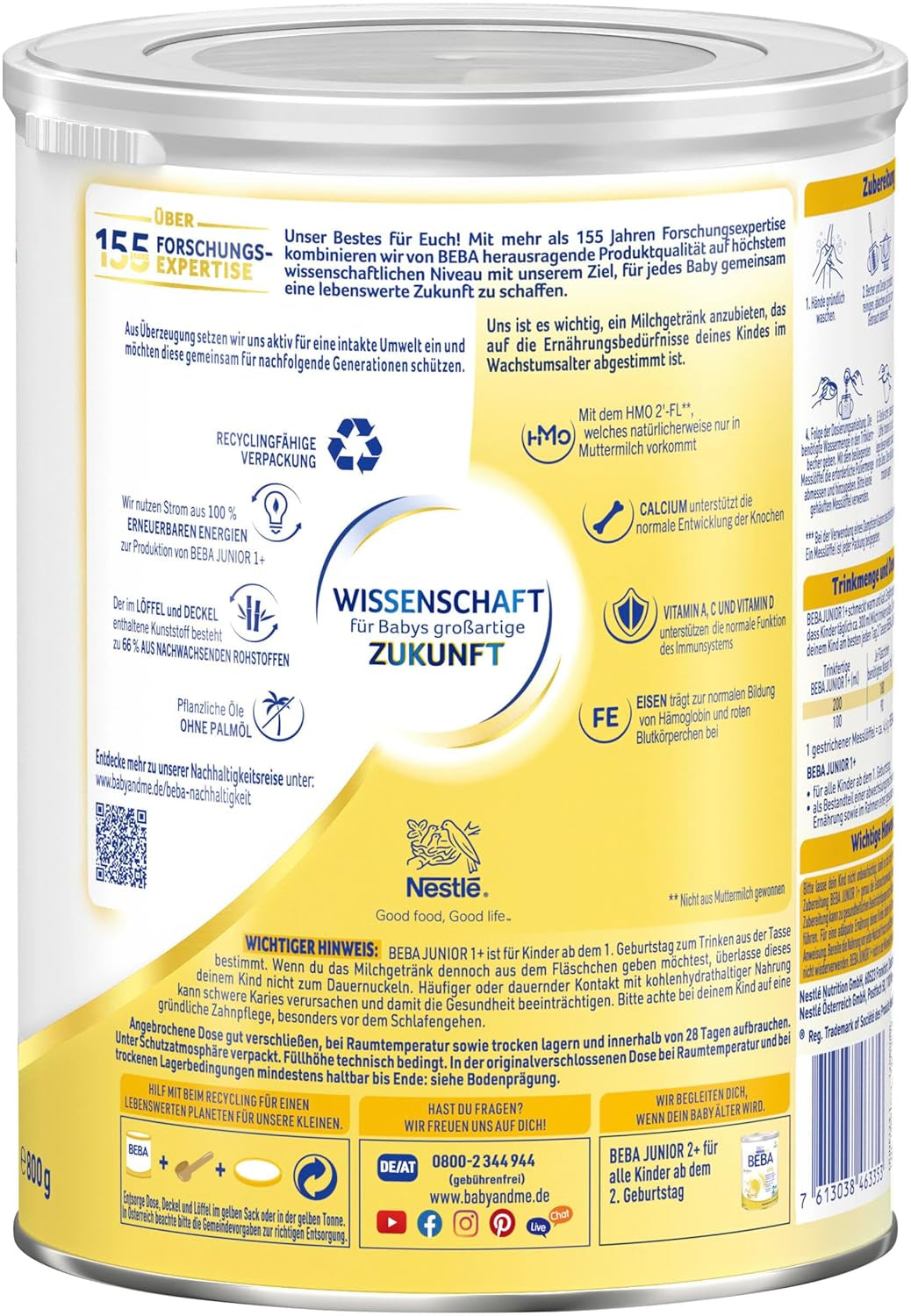 BEBA Junior 1+ Milchgetränk ab 1 Jahr, Mit HMO, Altersgerechter Proteingehalt, Nur Laktose, Ohne Palmöl, Ohne Fischöl, Kleinkindnahrung, Babymilchpulver, 3er Pack (3 x 800g)