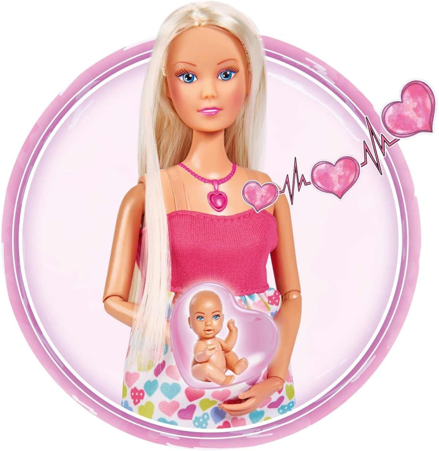 Simba 105733480 – Steffi Love Baby Bliss, schwangere Puppe und tolle Geräusche, Babyzubehör und Tragehilfe