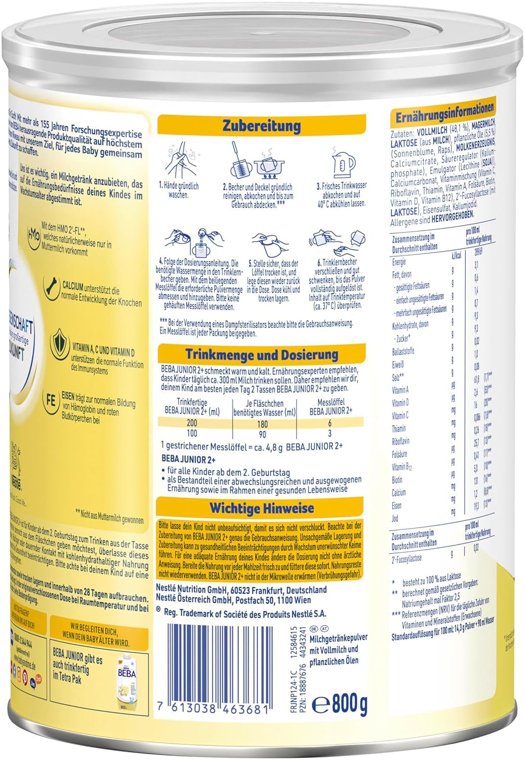 BEBA Junior 2+ Milchgetränk ab 2 Jahren, Mit HMO, Altersgerechter Proteingehalt, Nur Laktose, Ohne Palmöl, Ohne Fischöl, Kleinkindnahrung, Babymilchpulver, 6er Pack (6 x 800g)