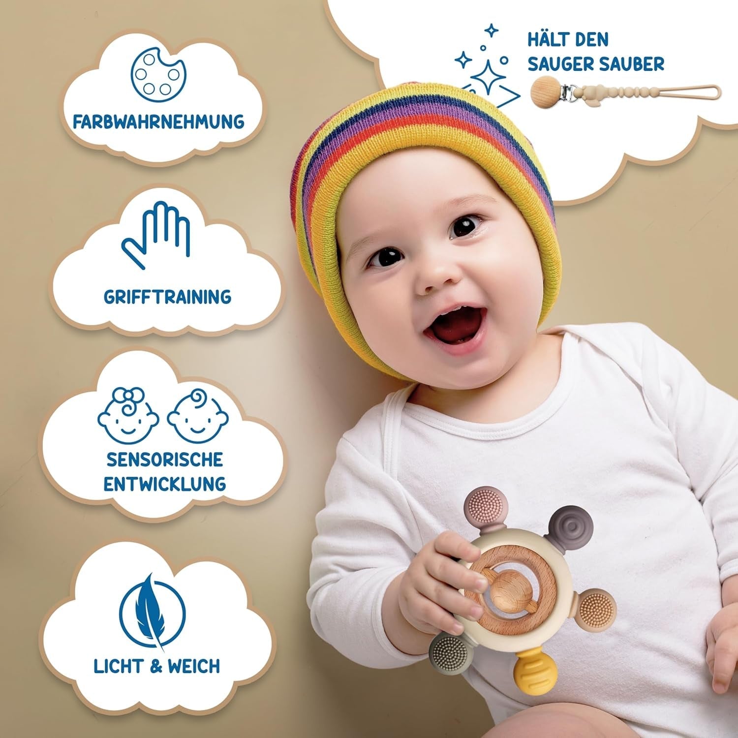 Baby-Beißring mit Schnullerkette – Zahnungshilfe – Babyspielzeug 0–6 Monate – Essentials für Neugeborene – BPA-freies Zahnungsspielzeug – Geschenkideen für Kleinkinder
