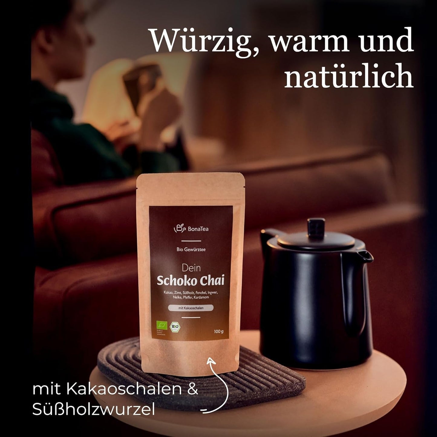 BIO Schoko Chai Gewürztee ohne Zucker, mit Kakaofrüchten, Zimt, Lakritze und anderen aromatischen Chai-Gewürzen, 100 g