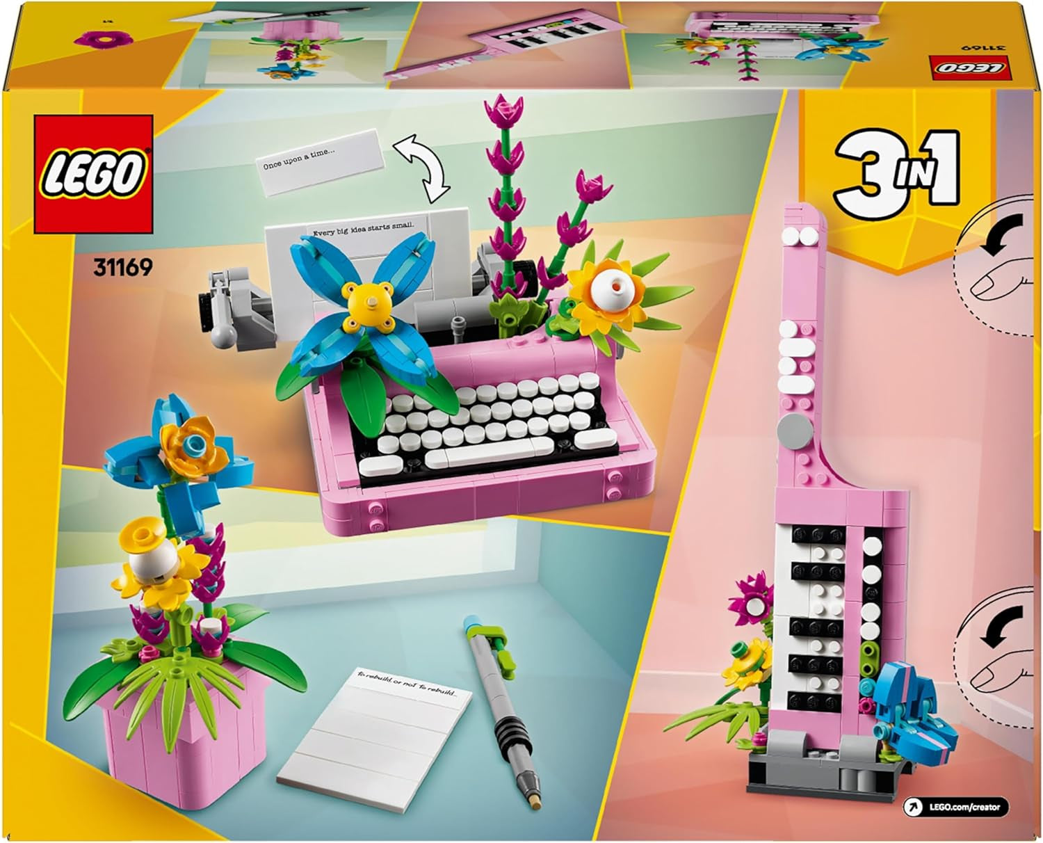 LEGO Creator 3In1 Schreibmaschine mit Blumen – umwandelbares Spielzeug in ein Keytar-Modell oder in einen Blumentopf mit Notizbuch und Stift – Bauset – Geschenk für Mädchen und Jungen ab 8 Jahren 31169 Bausets Besuchen Sie den LEGO-Store