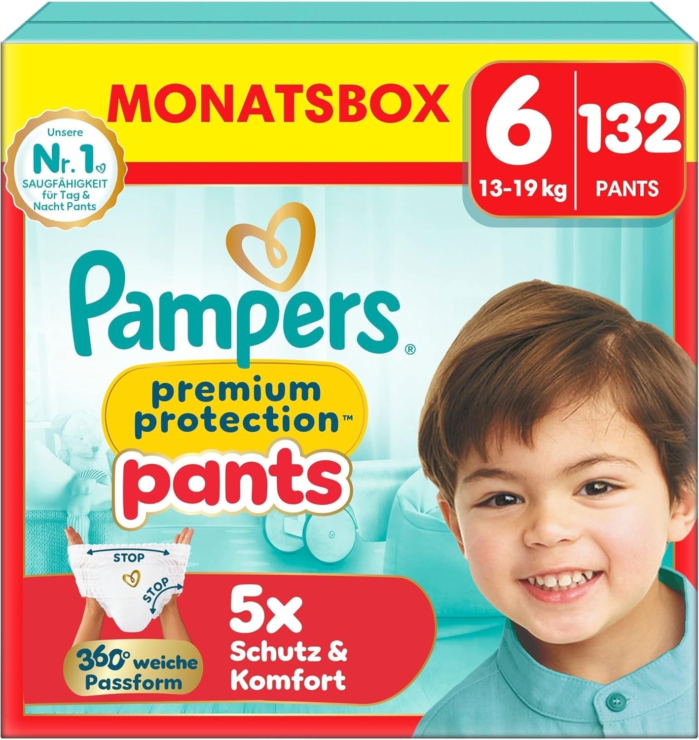 Pampers Premium Protection Pants Größe 7, 123 Windeln, 15 kg+, mit 360°-Anpassung und weichen Anti-Leck-Bündchen für optimalen Komfort und Schutz