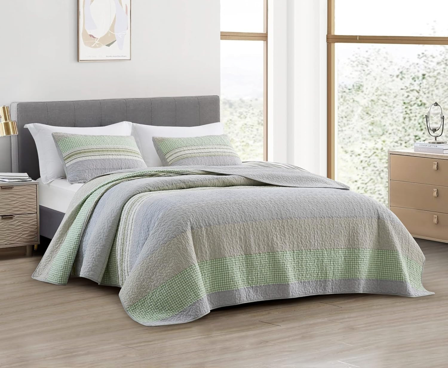 Chezmoi Collection Addy Patchwork-Steppdecken-Set, vorgewaschene Baumwolle, leicht, wendbar, für alle Jahreszeiten, übergroß, 3-teilig, Marineblau, Weiß, Grau, Taupe, karierte Steppdecken und Steppdecken, Naty Shop, Plaid Candy Stripes Patchwork, Grün, Grau, Queen