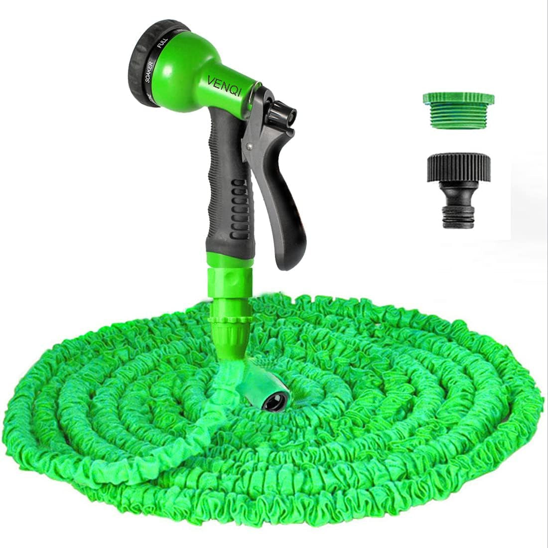 30 m ausziehbarer Gartenschlauch, 100 Fuß flexibler Wasserschlauch mit 8-Strahl-Sprühdüse, wasserdichter, einziehbarer, robuster Schlauch mit 3/4-Zoll- und 1/2-Zoll-Anschlüssen (30 m, grün)