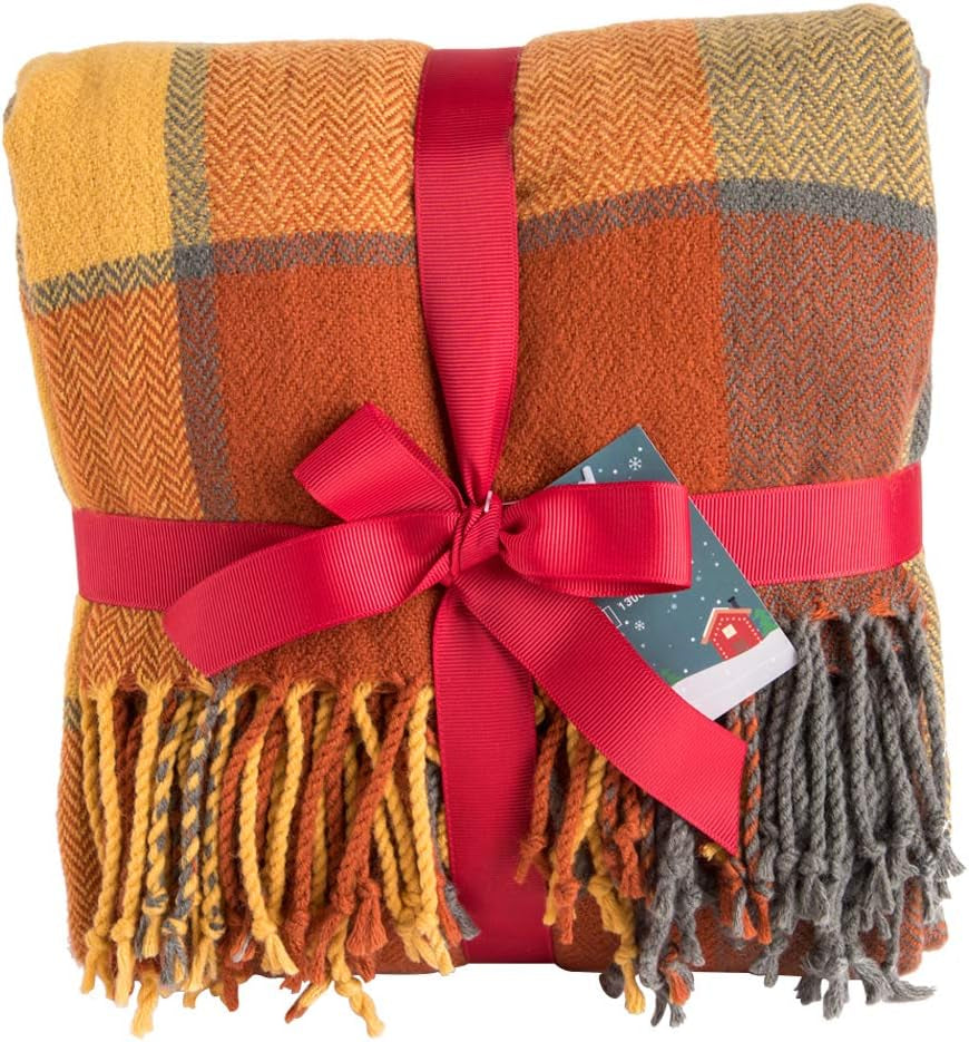 G Lake Orange karierte Decke, Überwurf, Acryl, weich, wendbar, Tagesdecke mit farbigen Fransen, Geschenk für Weihnachtsdekorationen, 127 cm B x 170,2 cm, L-Kürbisorange, Betten und Decken, G Lake Kürbisfarbe, 50 Zoll x 67 Zoll