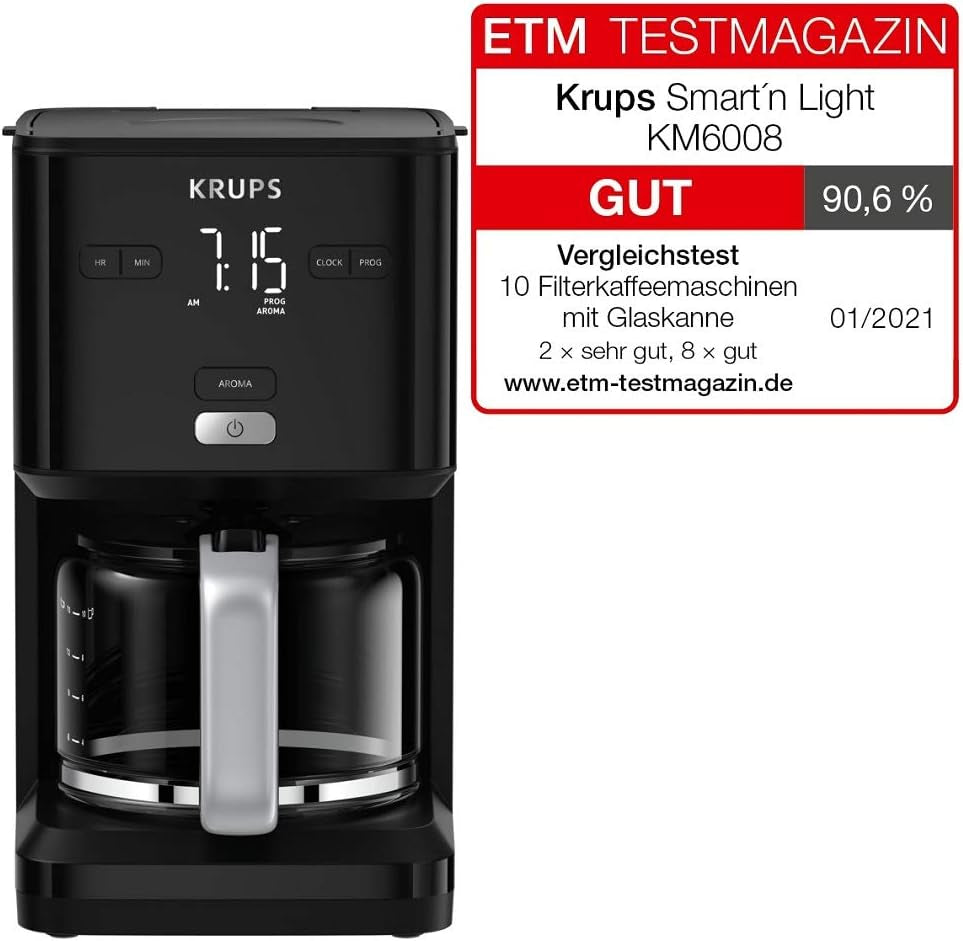 Krups Smart'n Light Kaffeemaschine mit Timer, für 1,25 Liter Filterkaffee, Warmhaltefunktion, Abschaltautomatik, Schwarz, KM600810