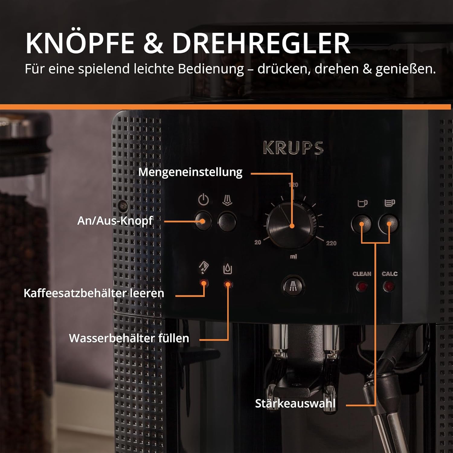 KRUPS Arabica Picto automatische Espressomaschine, kompaktes Design, einfache Bedienung, intuitiv einstellbarer Drehregler, Milchaufschäumer, 2-Tassen-Funktion, Espressomaschine, schwarz, EA810870