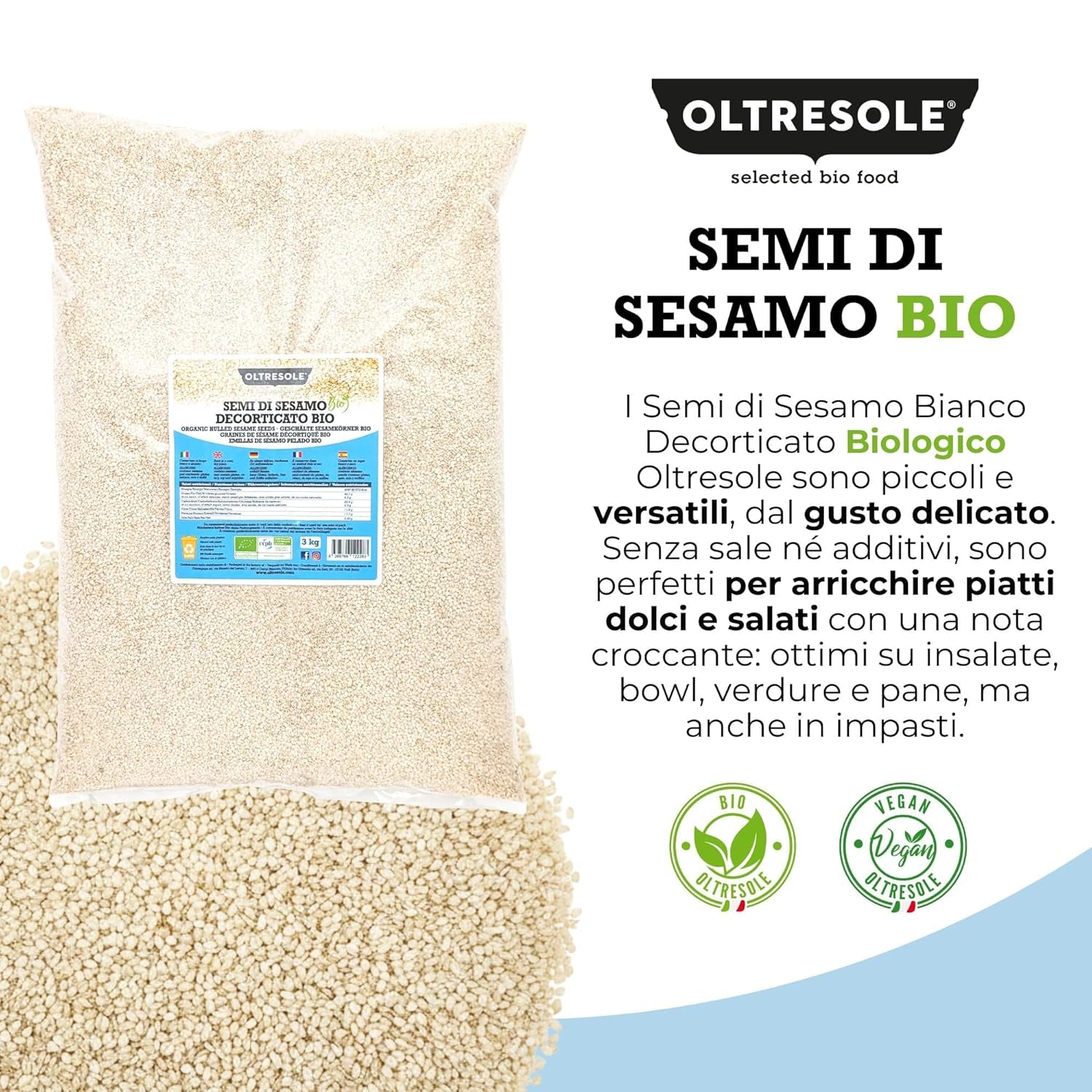 Bio-Sesamsamen 3 kg, rohe Bio-Ölsaaten, weißer Sesam, natürlich geschält, ungeröstet, Quelle für Kalzium und Eisen, Sparpaket