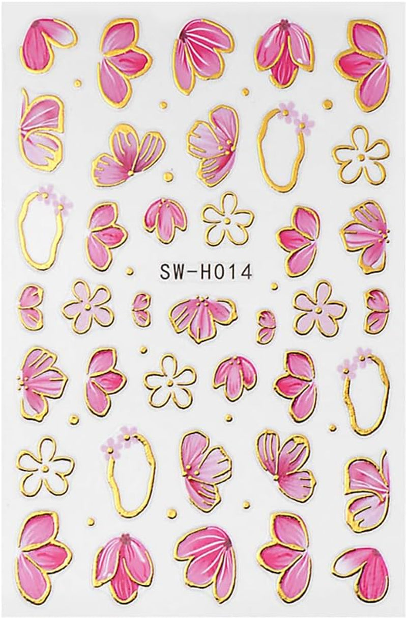 Gold Linie Schieber Rosa Nagelsticker Blumen 3D Flower Nail Sticker Sakura Blütenblätter Blumen Nagelaufkleber Frühling Sommer Floral Nagel Sticker Flowers Nagel Sticker Nageldesign Zubehör Nail Art