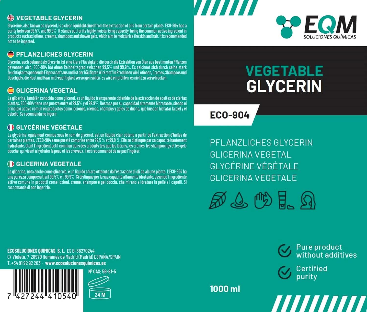 Pflanzliches Glycerin, 100 % natürlich, natürlicher Feuchtigkeitsspender für Haar und Haut, ideal für Seifen, Shampoos, Cremes, 1 Liter Dusche und Bad Naty Shop