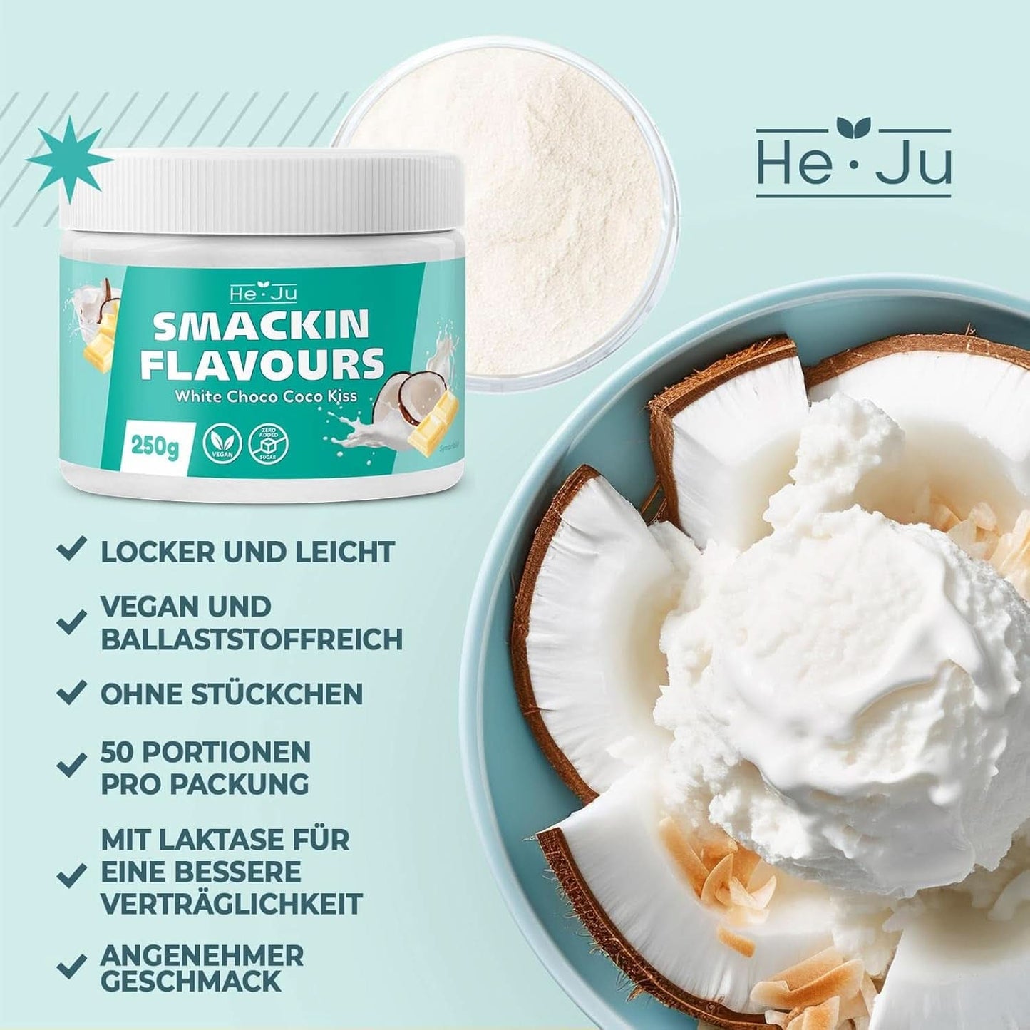 He-Ju, Pulver mit weißem Schokoladen- und Kokosgeschmack, 250 Gramm Aromen Naty Shop