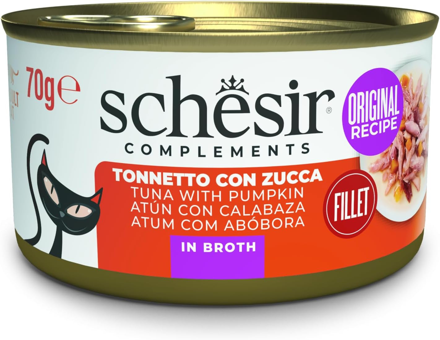 Thunfisch mit Kürbis in Brühe, Ergänzungsnassfutter für Katzen, Originalrezept, 100 % natürlich, 12 Dosen à 70 g