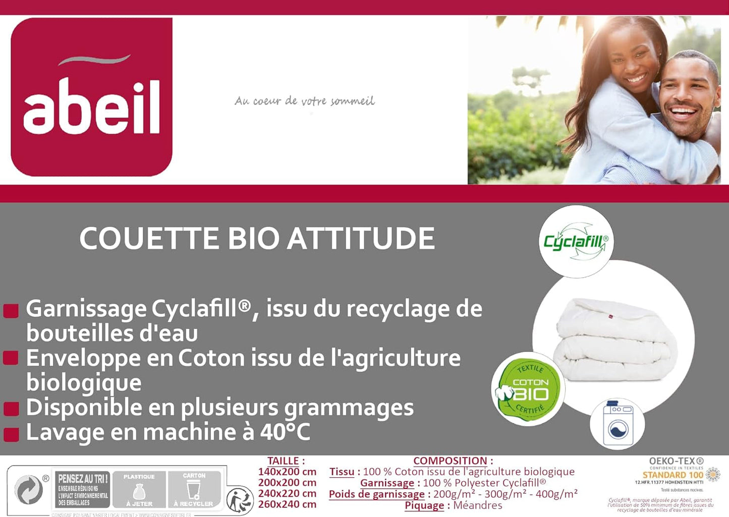 Abeil Bio' Attitude Steppdecke, leicht, Bezug aus Bio-Baumwolle, Füllung: Polyester Cyclafill® 200 g/m², maschinenwaschbar, Öko-Tex-zertifiziert, 200 x 200 cm. Steppdecken und Steppdecken Naty Shop