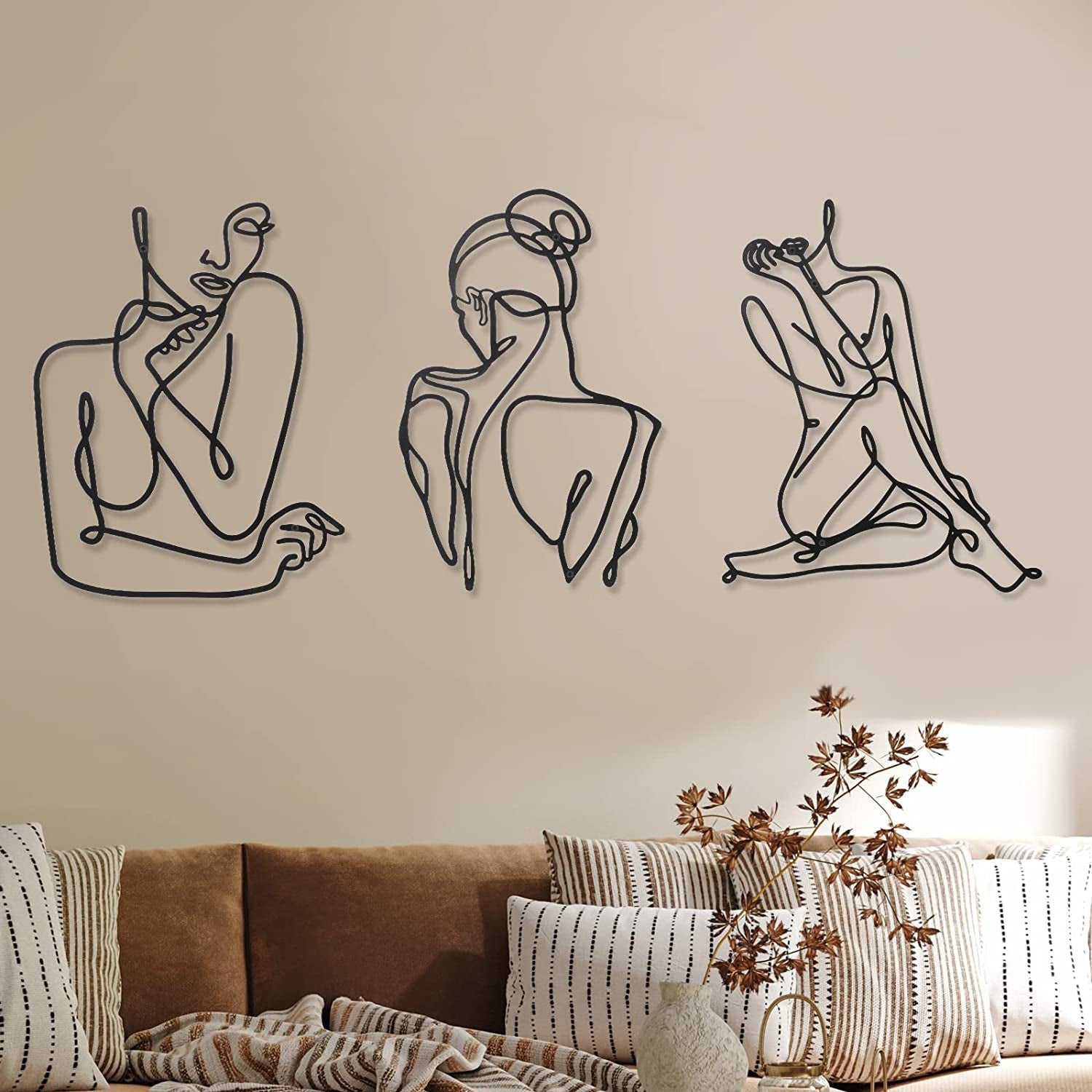 3 Stück minimalistische Frau aus Metall, Wandkunst, Deko, moderne abstrakte Frau, Wandkunst aus Metall, weibliche Einzelstrichzeichnungen zum Aufhängen für das Wohnzimmer (schwarz, modern). Statuetten und Skulpturen, Naty Shop, schwarz, modern