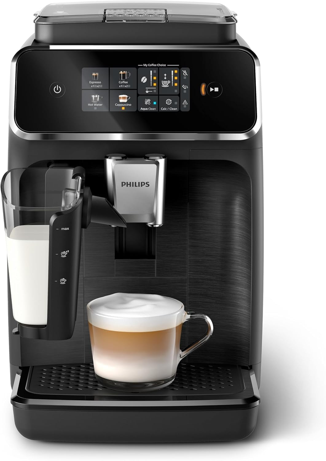 Automatische Espressomaschine PHILIPS 2300-Serie – 4 Getränke, moderner Farb-Touchscreen, LatteGo-Milchzubereitungssystem, SilentBrew, Mahlwerk aus 100 % Keramik, AquaClean-Filter. Mattschwarz (EP2330/10)