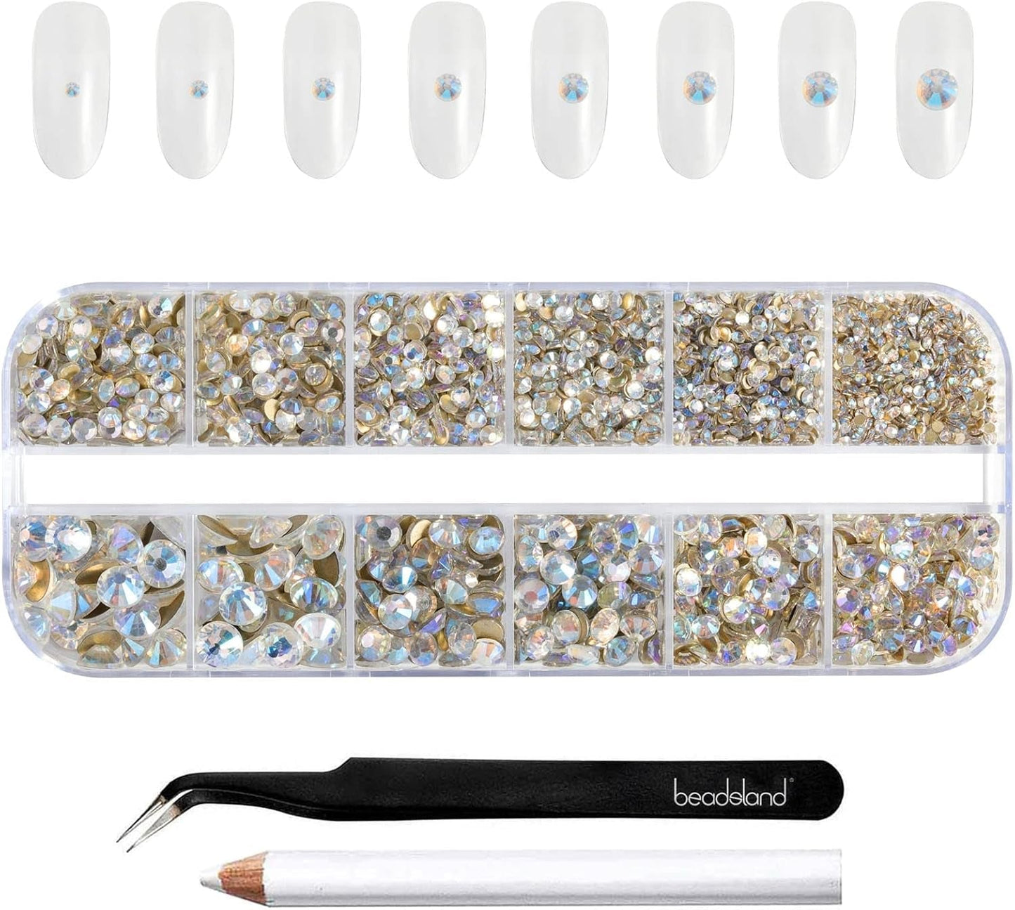 Beadsland 2500 Stück Glas Nailart Strasssteine ​​​​Kristall Flatback Edelsteine ​​​​Runde, ​​Für Handwerk Gemischt 8 Größen SS4 ~ SS30 Mit Picking Pinzette Und Stift (Kristall Weiß)