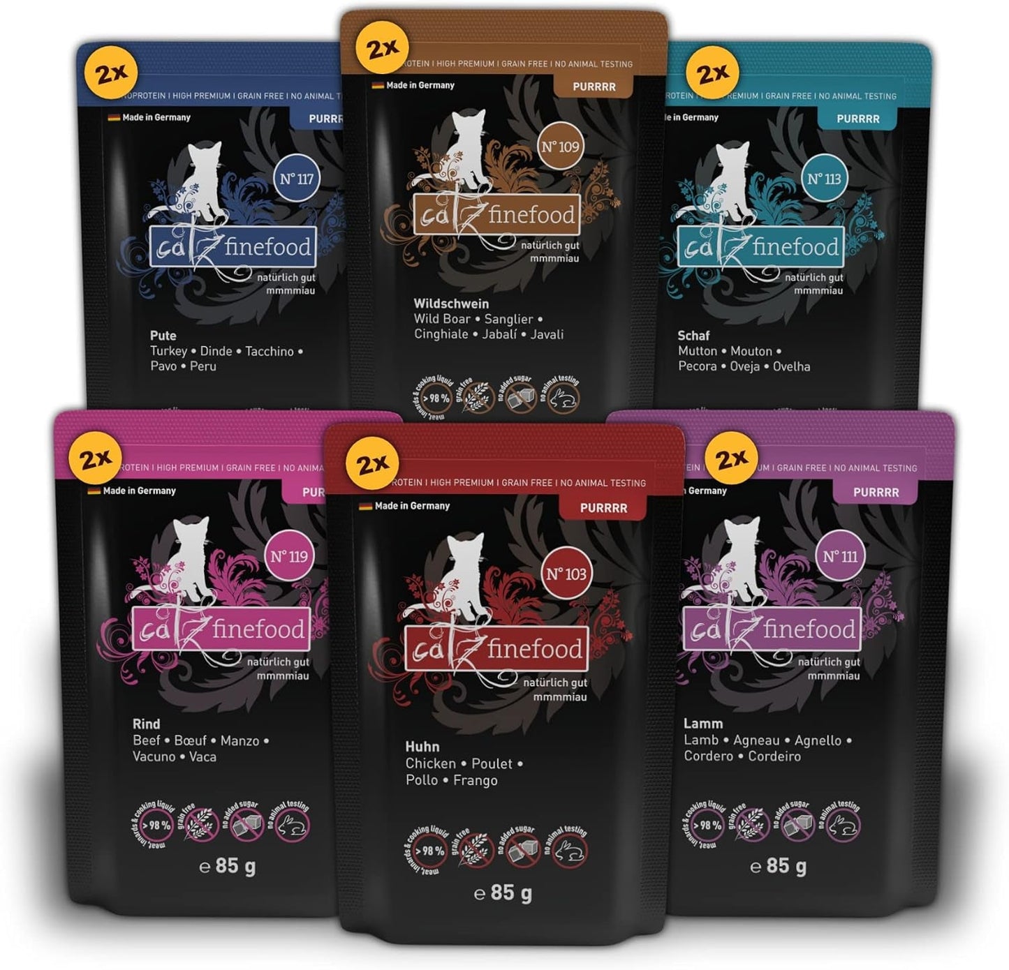 Catz Finefood Purrrr Collection I – Monoprotein-Nassfutter für Katzen – getreidefrei, zuckerfrei, hypoallergen – hoher Fleischanteil – Nassfutter für Katzen im Multipack – in Beuteln, 85 g (12 Packungen)
