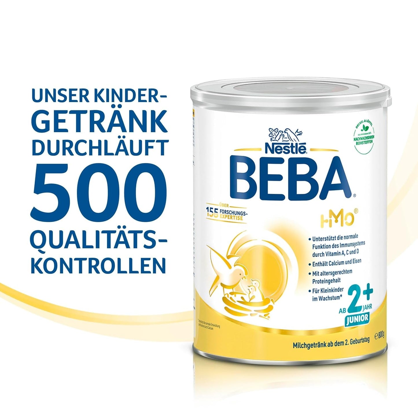 BEBA Junior 2+ Milchgetränk ab 2 Jahren, Mit HMO, Altersgerechter Proteingehalt, Nur Laktose, Ohne Palmöl, Ohne Fischöl, Kleinkindnahrung, Babymilchpulver, 6er Pack (6 x 800g)