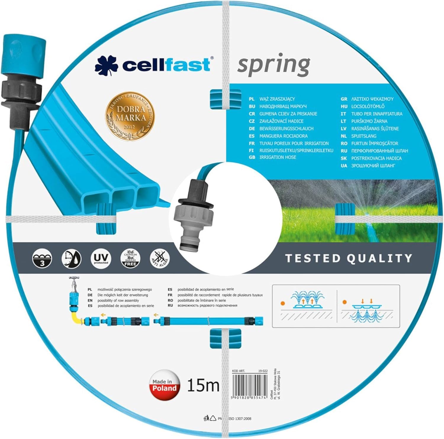 Cellfast SPRING Bewässerungsschlauch, Dreikanal-Bewässerungsschlauch mit vollständigen Anschlüssen, aus hochwertigem Draht, UV-beständig, 15 m, 1/2 Zoll, 19-022, mehrfarbig, 38 x 38 x 8 cm