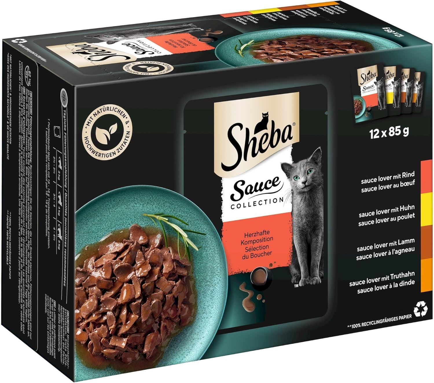 Sheba Sauce Collection Nassfutter für Katzen, Portionsbeutel, salziges Multipack, 4x12x85g