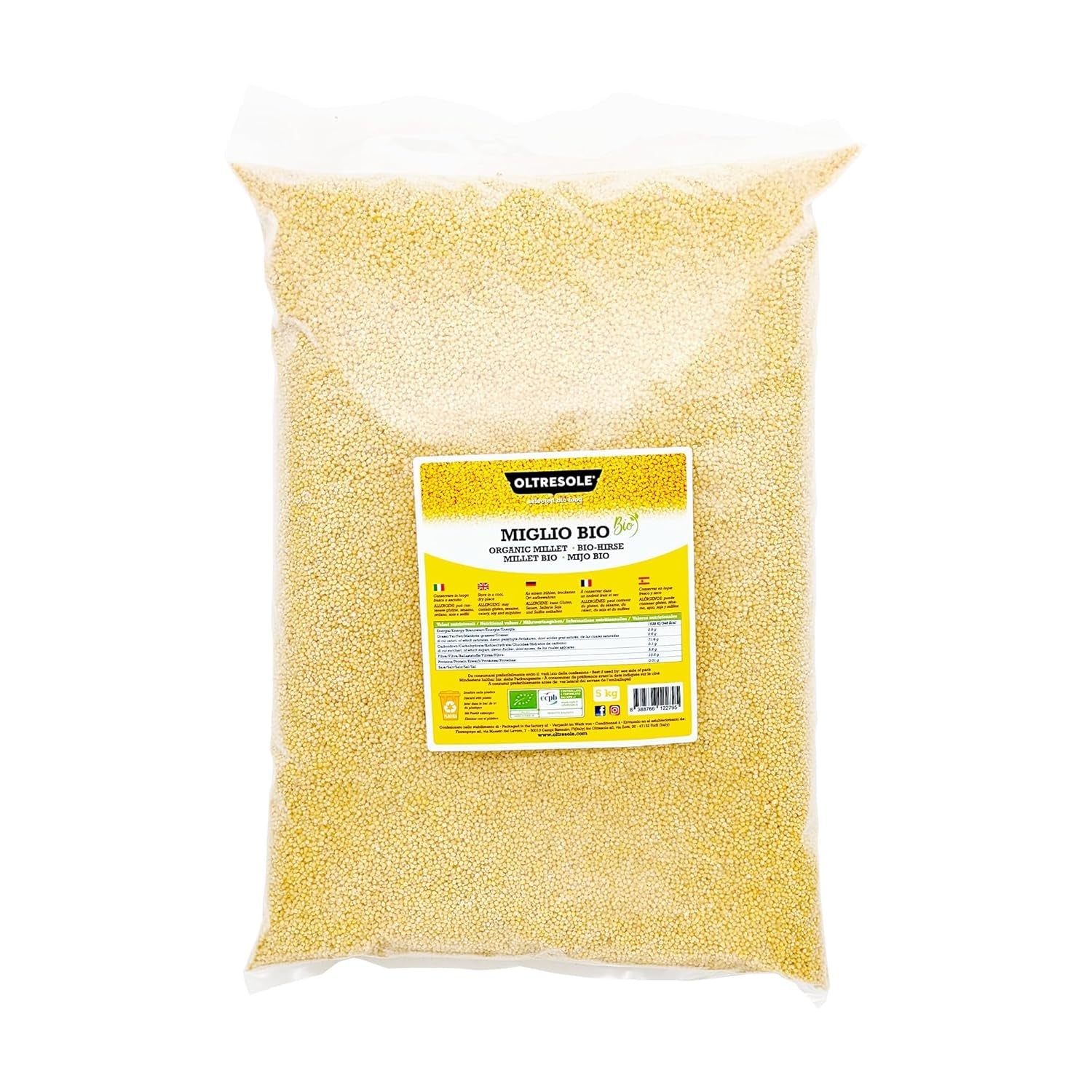 Bio-Hirse 1 kg, ballaststoff- und mineralstoffreiche Bio-Körner, gelbe Hirsekörner zum Verzehr, ideales Paket für die Familie