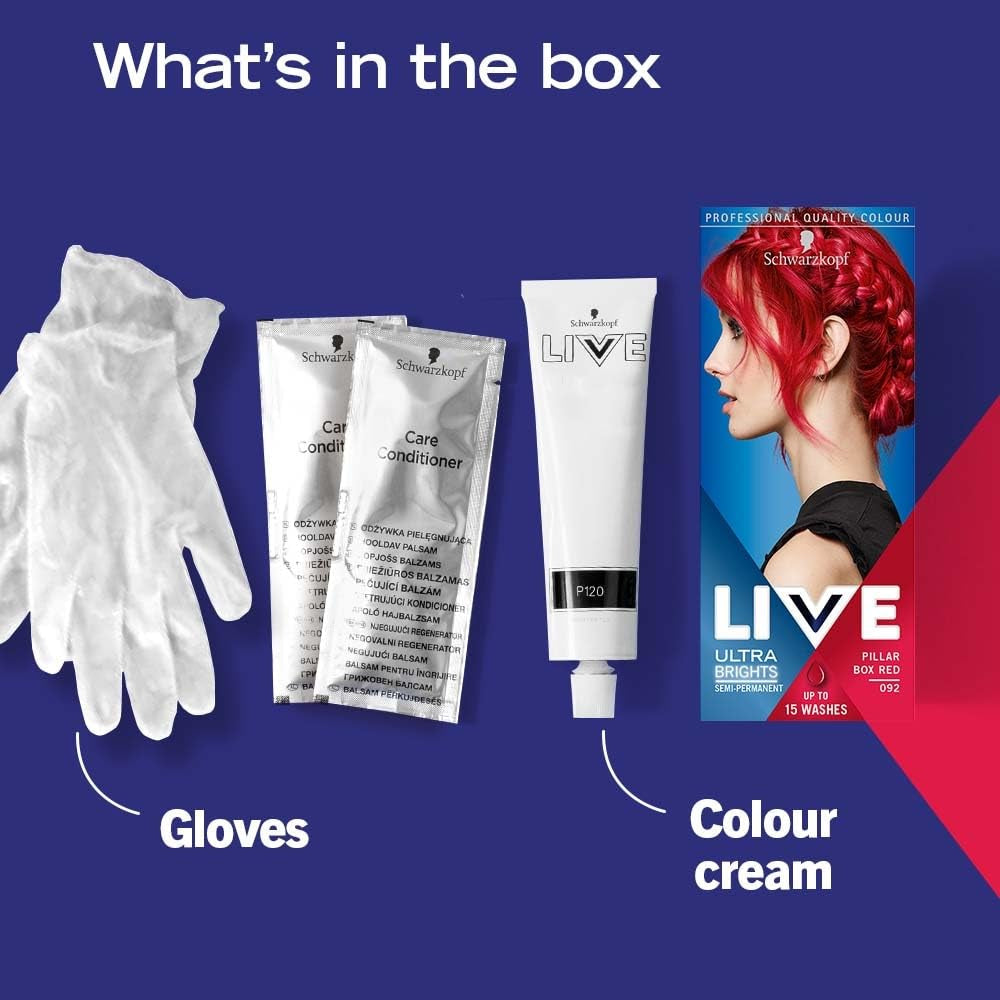 Live Ultra Bright oder Pastell Red Haarfärbemittel, 3 Stück, semipermanente Farbe, hält bis zu 15 Haarwäschen – 092 Pillar Box Red Naty Shop Haarfärbemittel