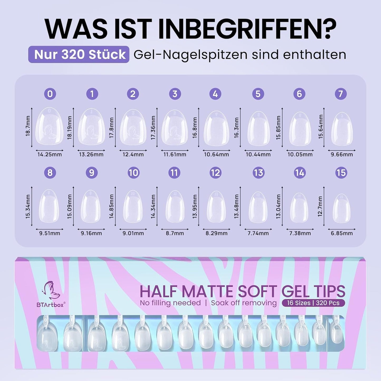 Btartbox Extra kurze Mandel-Nagelspitzen – Volldeckende Gel-X-Soft-XS-Gel-Nagelspitzen – Vorgeformte Halbmatte für breite Nägel Salon 320 Stück