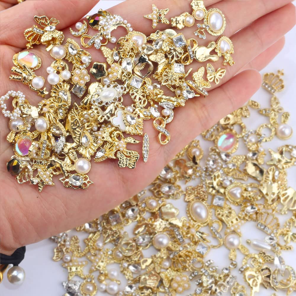 50 Stück Gold Nail Charms,Mix Styles Glitzersteine ​​​​Nägel Perle Legierung Nagel Steine ​​Blume Schmetterling Strasssteine ​​​​Nägel Herz Stern Nagel Charms DIY Nail Art Zubehör Frauen Nägel Deko