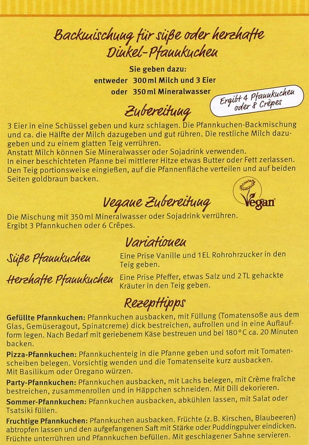 Dinkel-Pfannenkuchen, 180 G Mischung zum Backen und Kochen Naty Shop