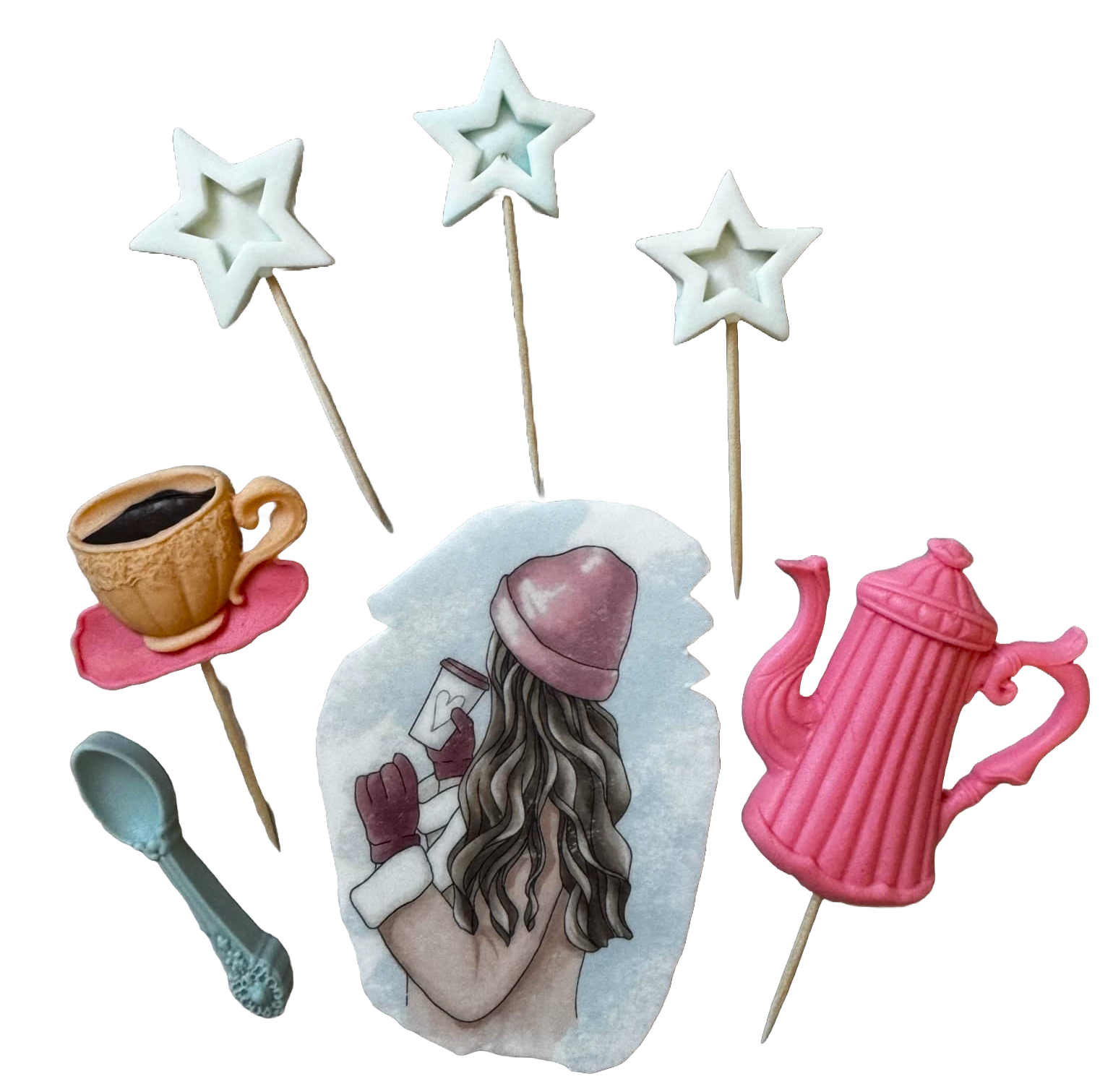 Set mit 7 essbaren Dekorationen aus Zuckerpaste, schöne Dame, rosa Hut. Dekorationen aus Zuckerpaste, Naty Shop